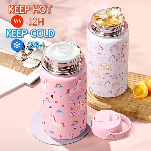 16oz Kids Water Bottle Cartoon Animal Children's Cup With Straw Stainless Steel Vacuum Flacks Thermos Bottle Thermal Mug Cups 2