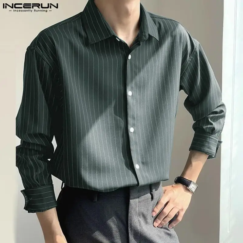 INCERUN Tops 2023 Korean Style Mens Well Fitting Striped Blouse Casual Streetwear Male Solid All-match Long Sleeved Shirts S-5XL