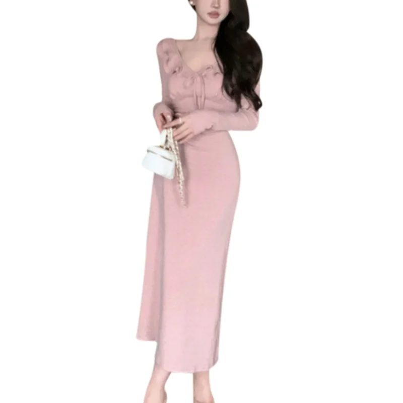 Women Dress y2k Clothes Solid Color Ruffle Tie Up V Neck Long Sleeve Bodycon Long Dresses Party Dresses Streetwear