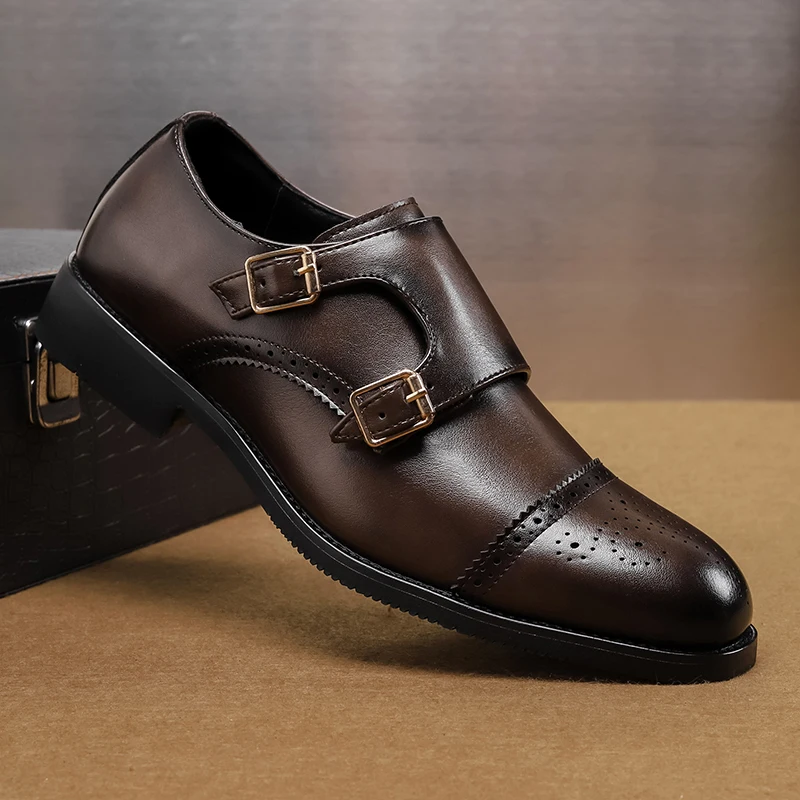 WAERTA Classic Double Buckle Men's Block Low Top Leather Shoes Fashionable Business Banquet Party Brown Pointed Leather Shoes mens brogue shoes