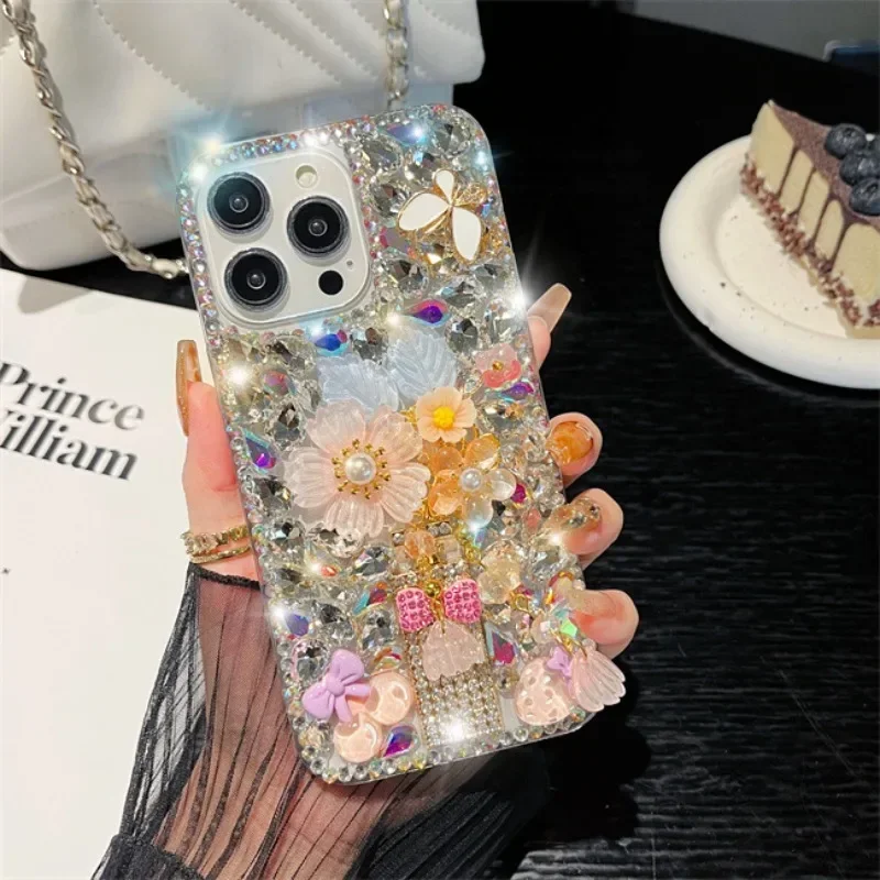 

Luxury Bling Diamond Perfume Flowers Rhinestone Case, Cover for iPhone 15Pro, 14Plus, 13, 12, 11Pro Max, XS MAX, XR, 7, 8 Plus