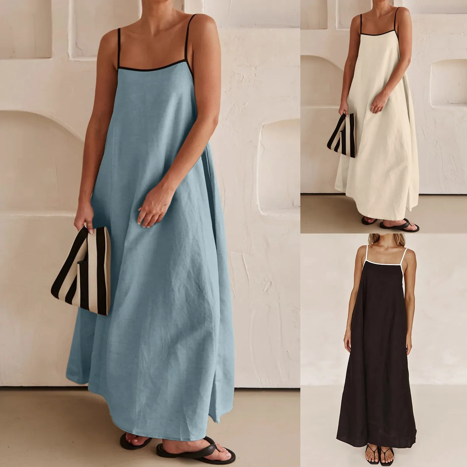 

Womens Maxi Dress Contrast Trim Spaghetti Straps Summer Outfits Travel Vacation Sleeveless Long Midi Summer Dresses for Women