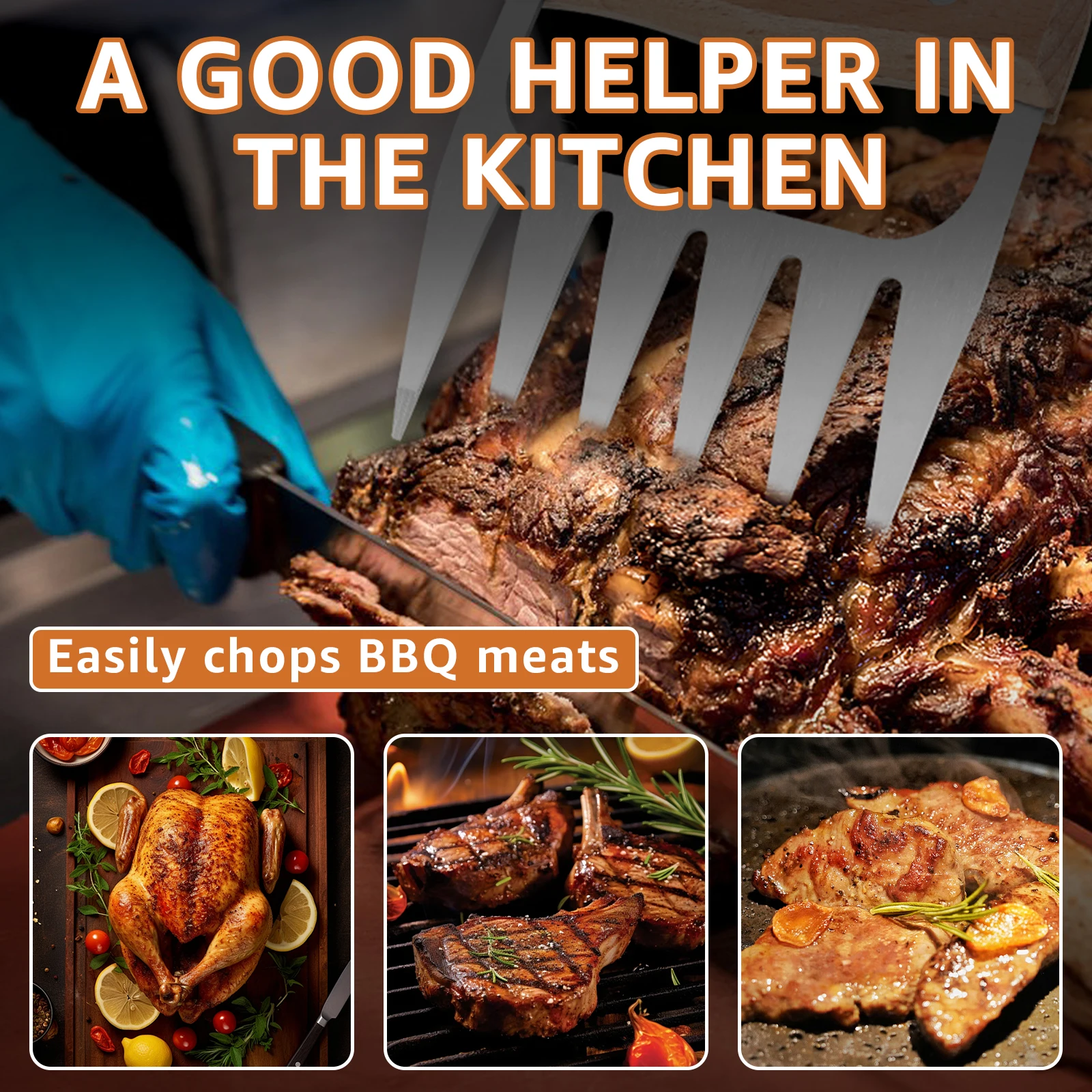 2Pcs Meat Shredder Claws Wood Handle Stainless Steel BBQ Meat Claws Efficient Pulled Pork Shredder Portable Pork Shredding