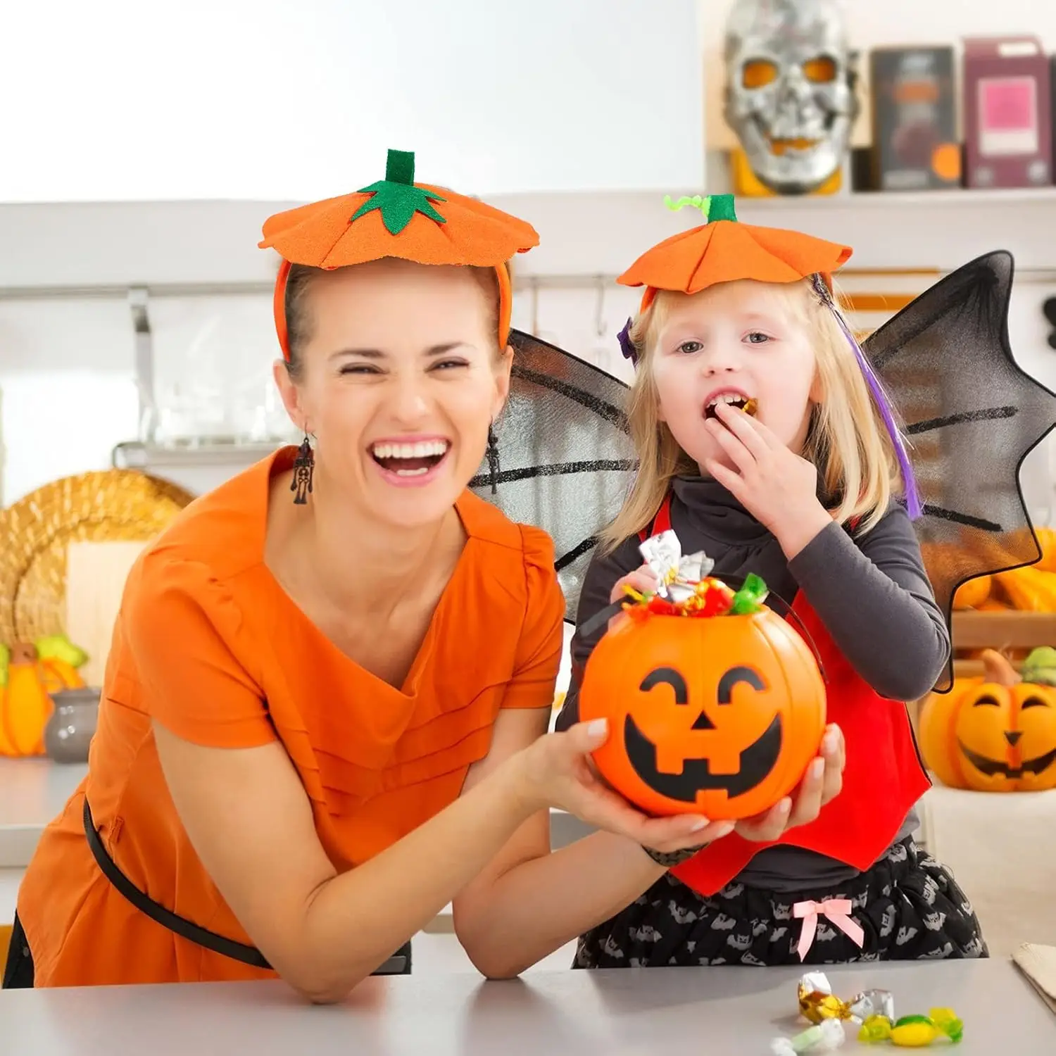 4 Pieces Funny Halloween Pumpkin Headbands SET -Elastic for Halloween Costume birthday family Party Supplies Costume