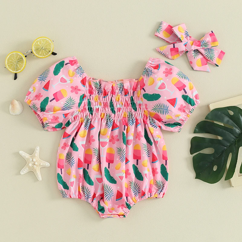 

0-12M Baby Girls Short Puff Sleeve Casual Romper Fruit Print Romper with Headband Summer Clothing