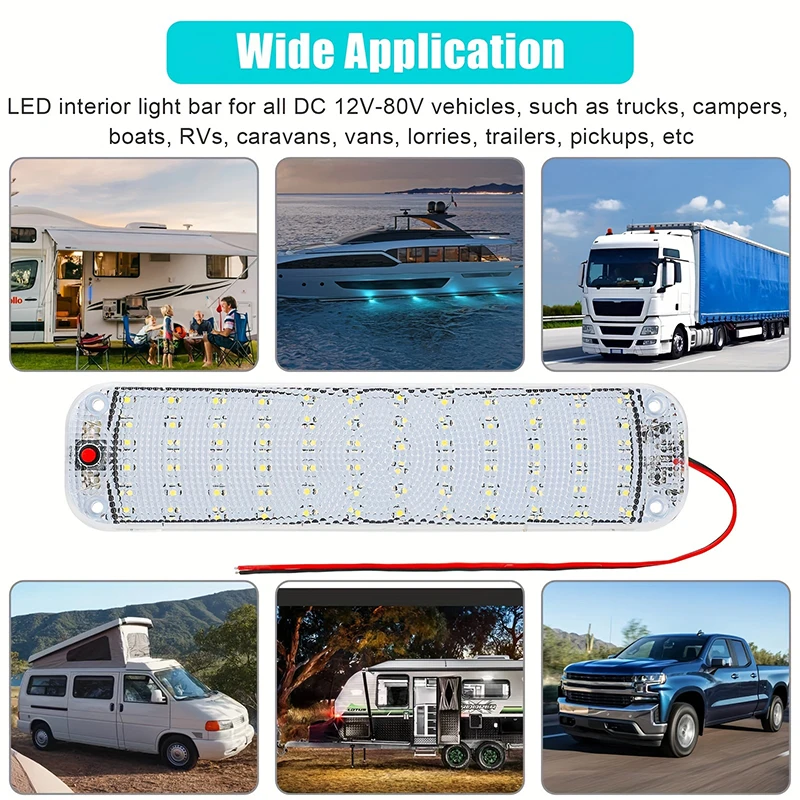 1pc 12V-80V Car Interior Led Light Bar White Light Tube With Switch For Van Lorry Truck RV Camper Boat Indoor Car Ceiling Lights
