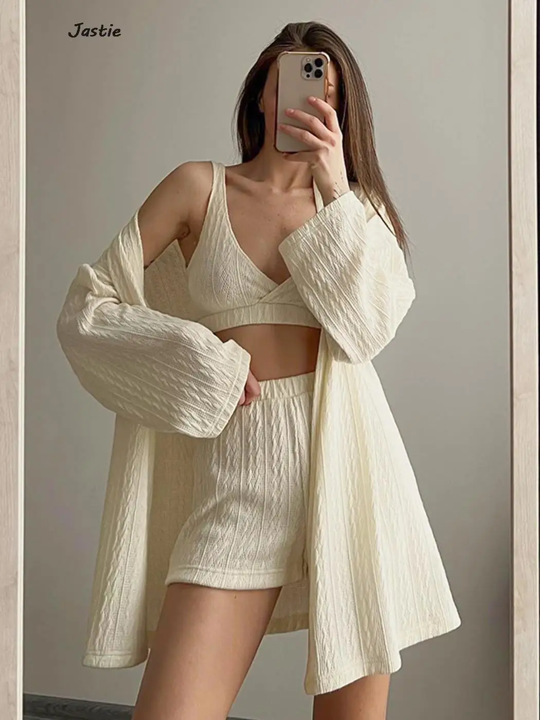Fashion Cardigan Knitted Pajamas Casual Three Piece Set With Underwear Spring Summer Women Shorts Sets Homewear 2024 New