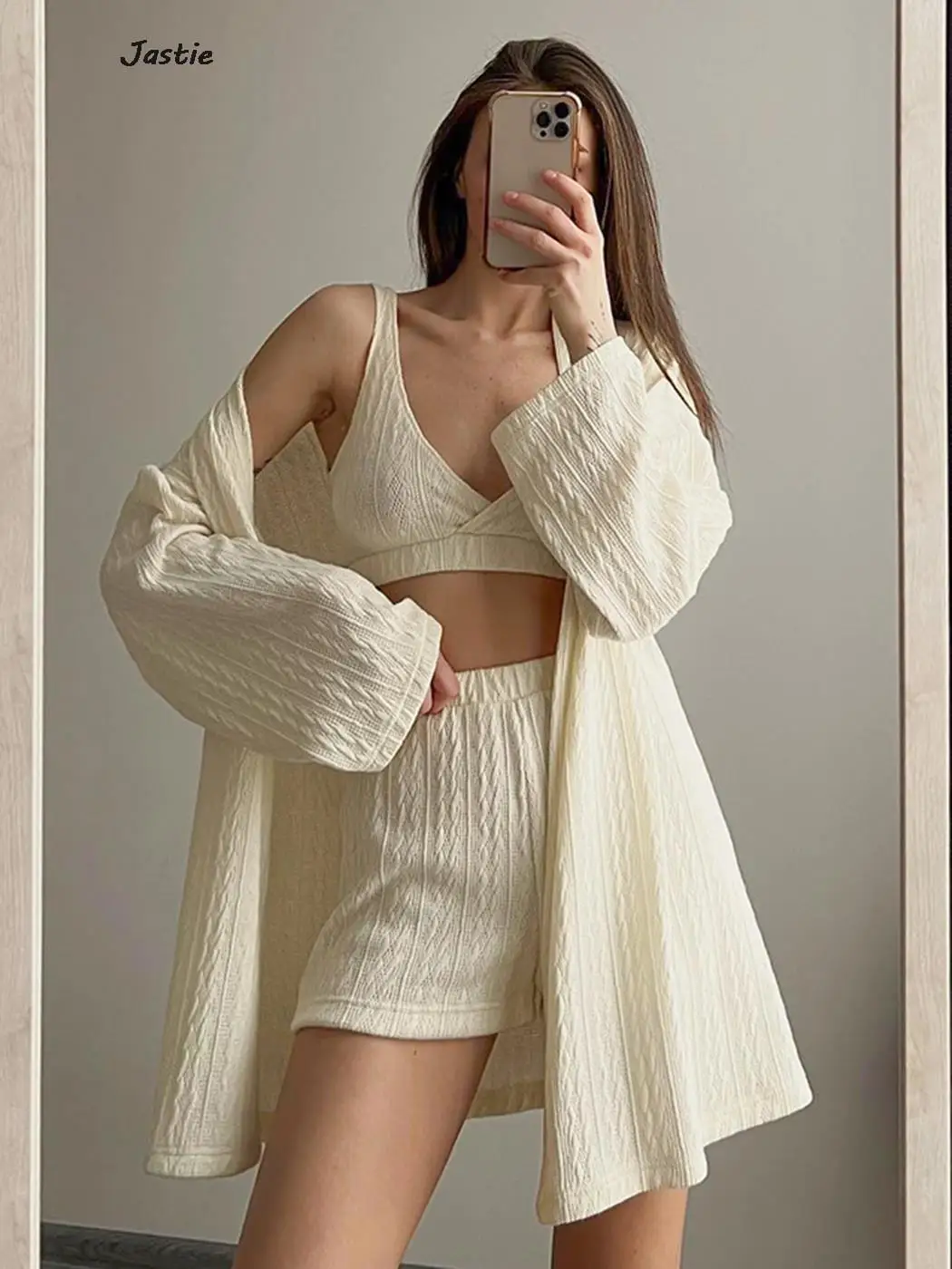 Fashion Cardigan Knitted Pajamas Casual Three Piece Set With Underwear Spring Summer Women Shorts Sets Homewear 2024 New underwear fashion in detail