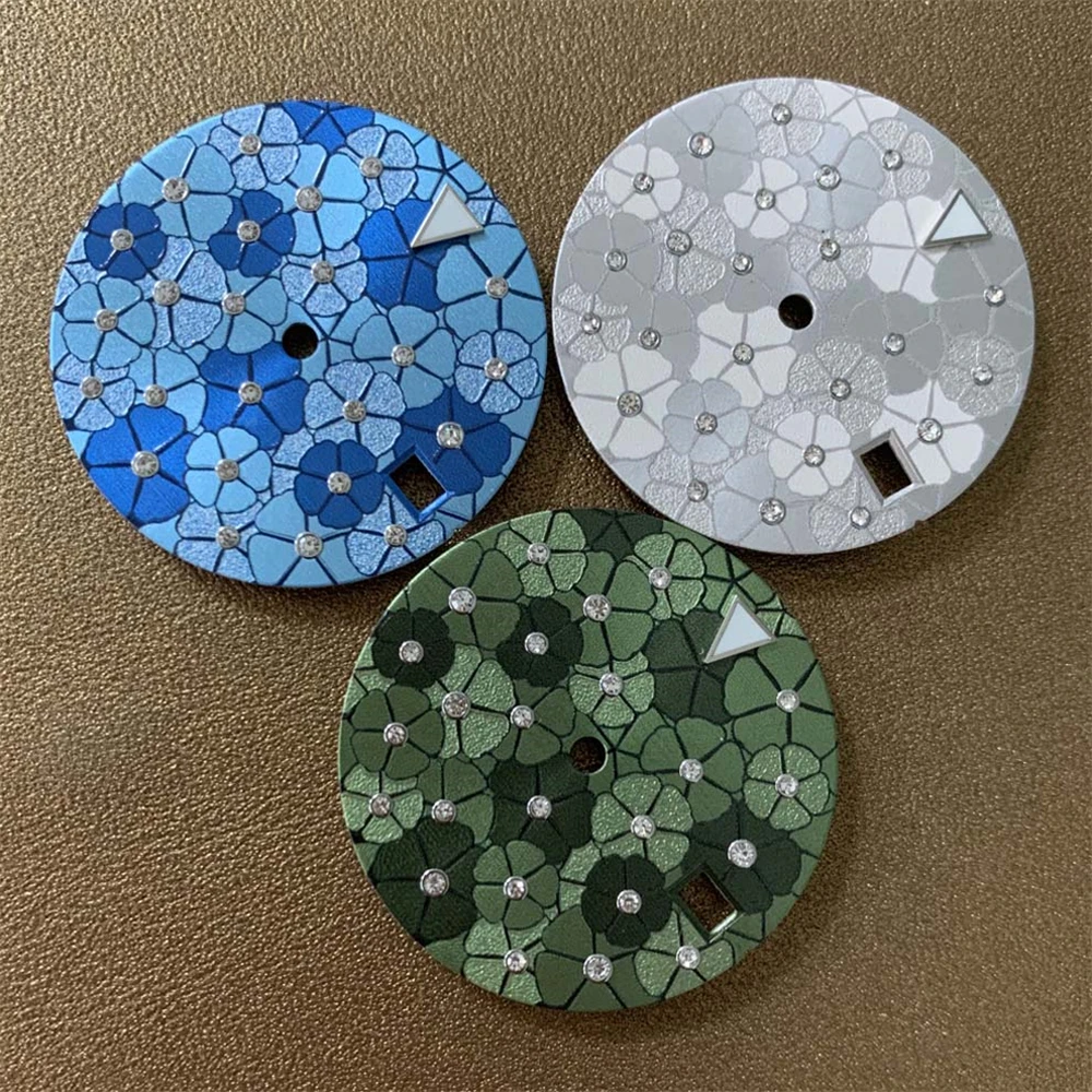 

28.5mm Watch Dial Pointers Kit Creative Flower Texture Watch Dial Blue/Green/Silver Sterile Dial for NH35/NH36/4R/7S Movement