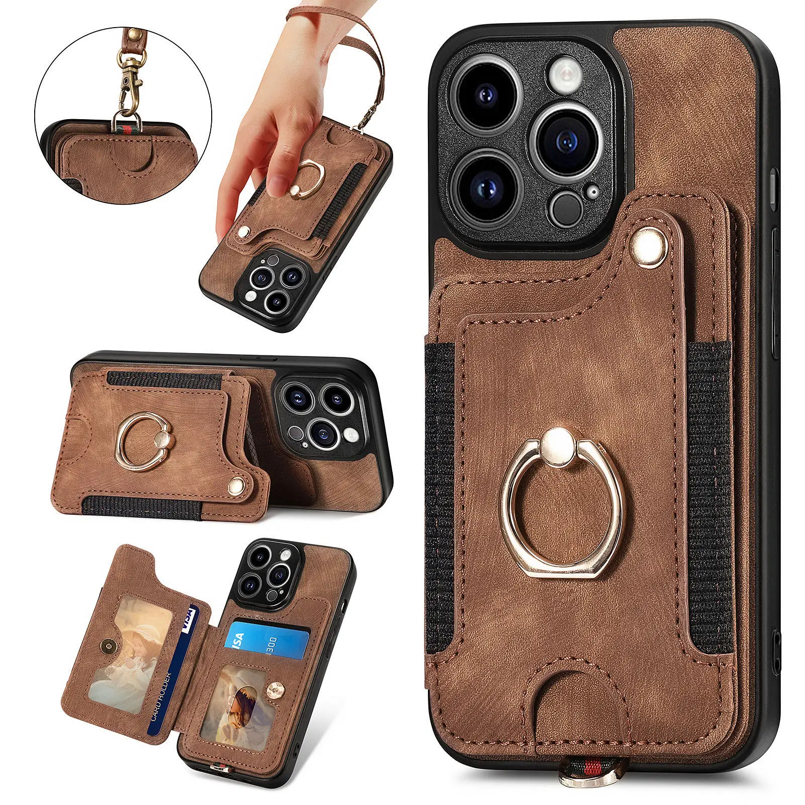 Leather Flip Wallet Case with Multi Card Slots and Ring Holder - Magnetic Stand Phone Cover