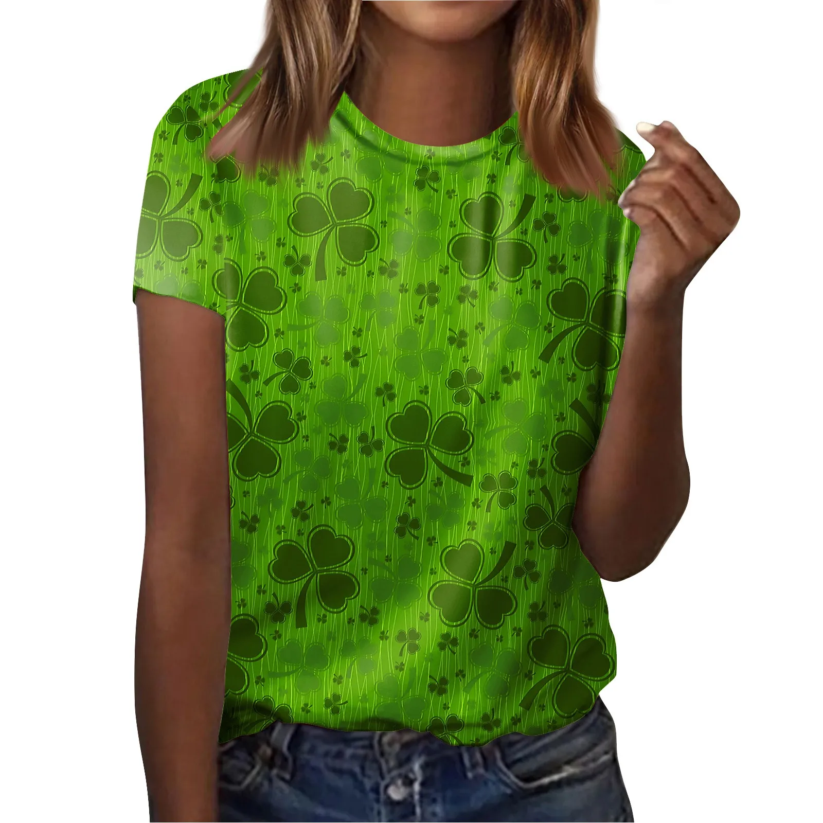 Damskie T-Shirt Clover 3D T-Shirt Z Nadrukiem Damskie Modne Koszulki Z Dekoltem W Szpic Z Krótkim Rękawem Koszulki Dzień Świętego Patryka Bluzki Damsk