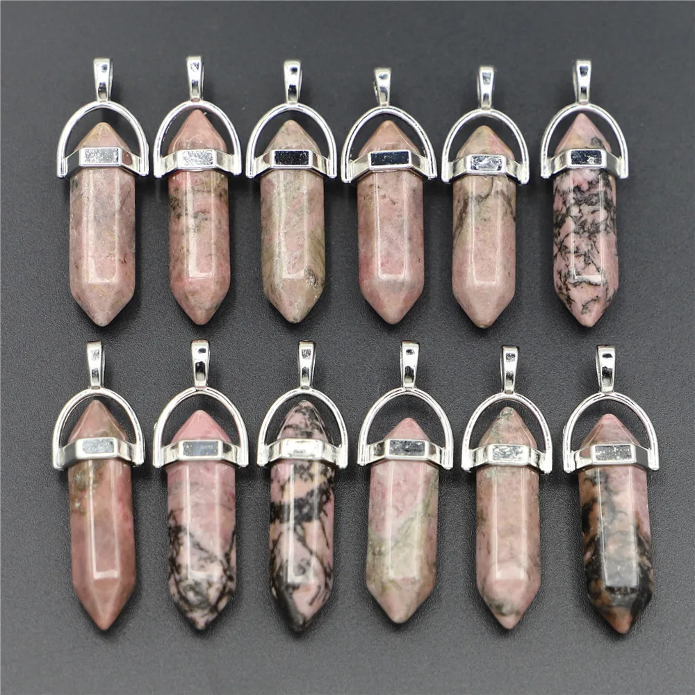 

Natural Gems Stone Rhodonite Pillar Point Pendulum Pendants Hexagonal Necklace for Making Women Designer Charms Jewelry 24pcs