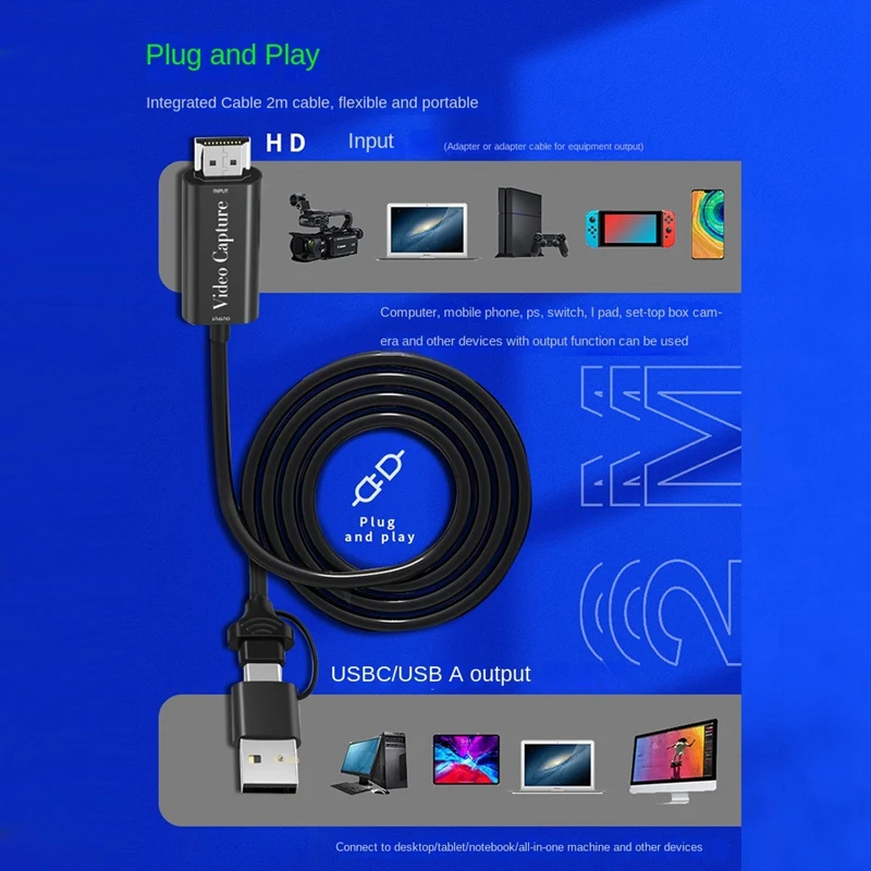 

Двойной интерфейс USB A/C 1080P, совместим с USB-кабелем, карта захвата 2 м для игр/прямых трансляций/конференций