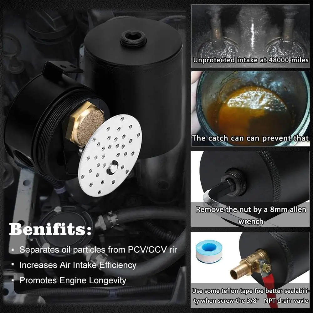 Aluminum Baffled Oil Catch Can Kit with Drain Valve