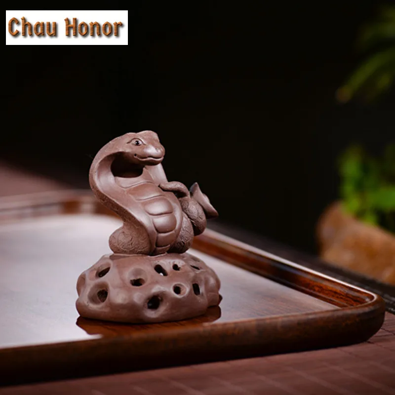 Chinese Purple Clay Tea Pet Handmade Zodiac Snake Sculpture Animal Ornaments Statue Treasure Cobra Decor Tea Figurine Tea Set