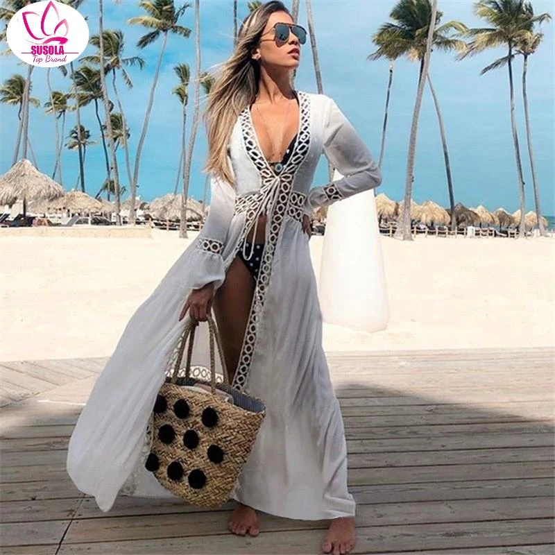 2022 Crochet White Knitted Beach Cover up dress Tunic Long Pareos Bikinis Cover ups Swim Cover up Robe Plage Beachwear bathing suit bottom cover up