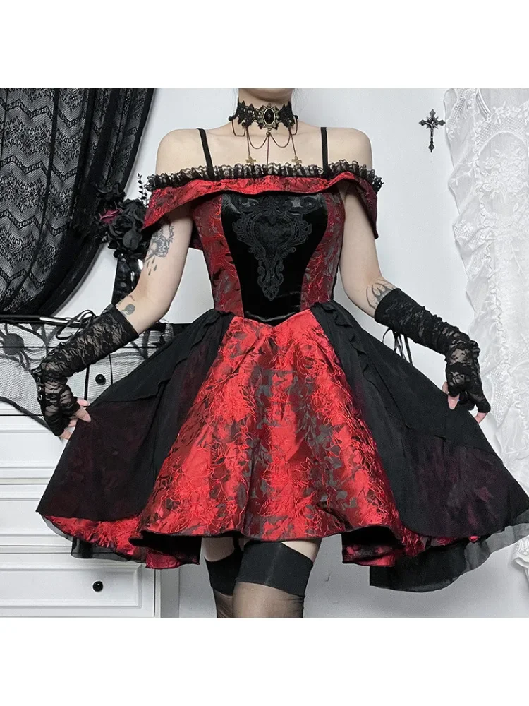 

Harajuku Vintage Gothic Sexy Slim Fit Wrap Hip Dress Dark Y2K Retro Off Shoulder Fashion Flower Dresses 2024 Autumn New Women's