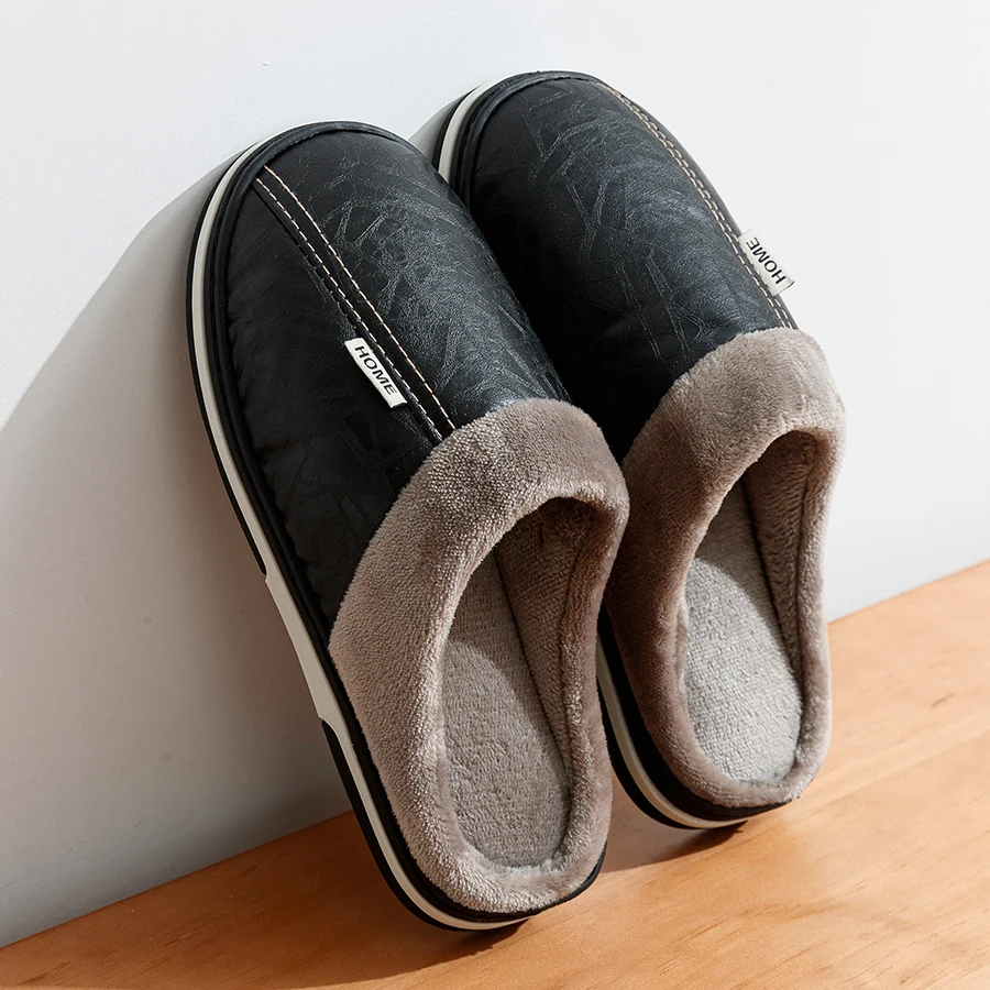 Big Size Winter Casual Men's Slippers Indoor Waterproof PU Leather Home Shoes Fur Flat Warm Fashion Bedroom Houseshoes fur slippers