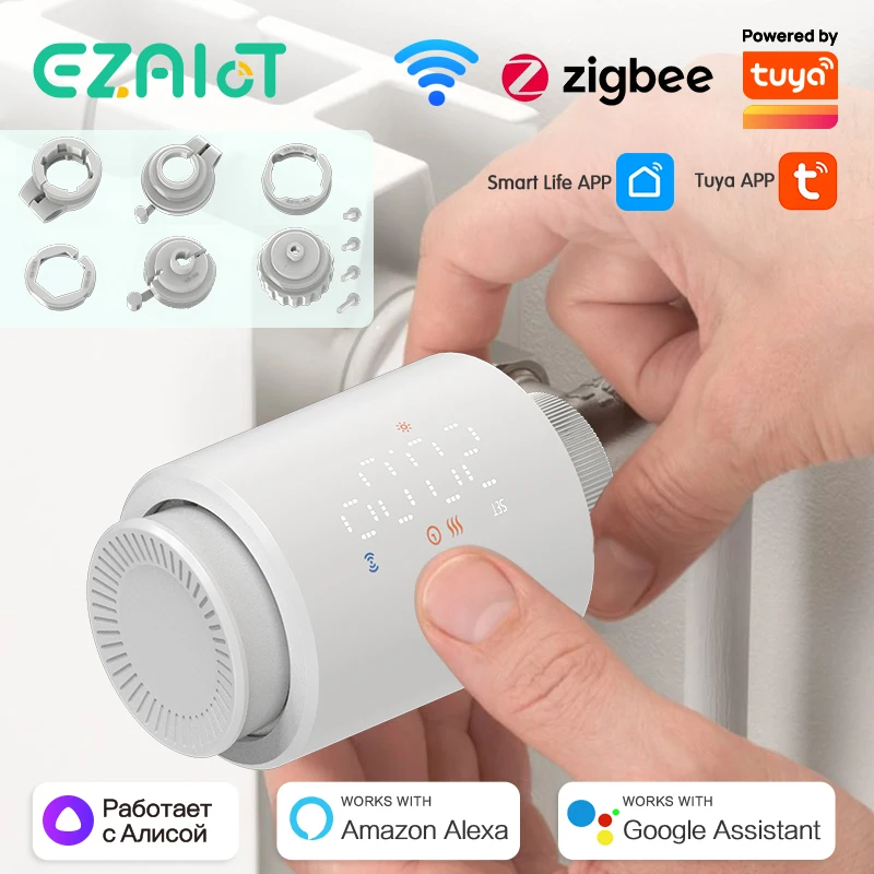 สมาร์ท wifi/zigbee TRV หม้อน้ำ thermostatic วาล์วควบคุมอุณหภูมิที่ตั้งโปรแกรมได้แอคชูเอเตอร์ควบคุมด้วยเสียง Google 1