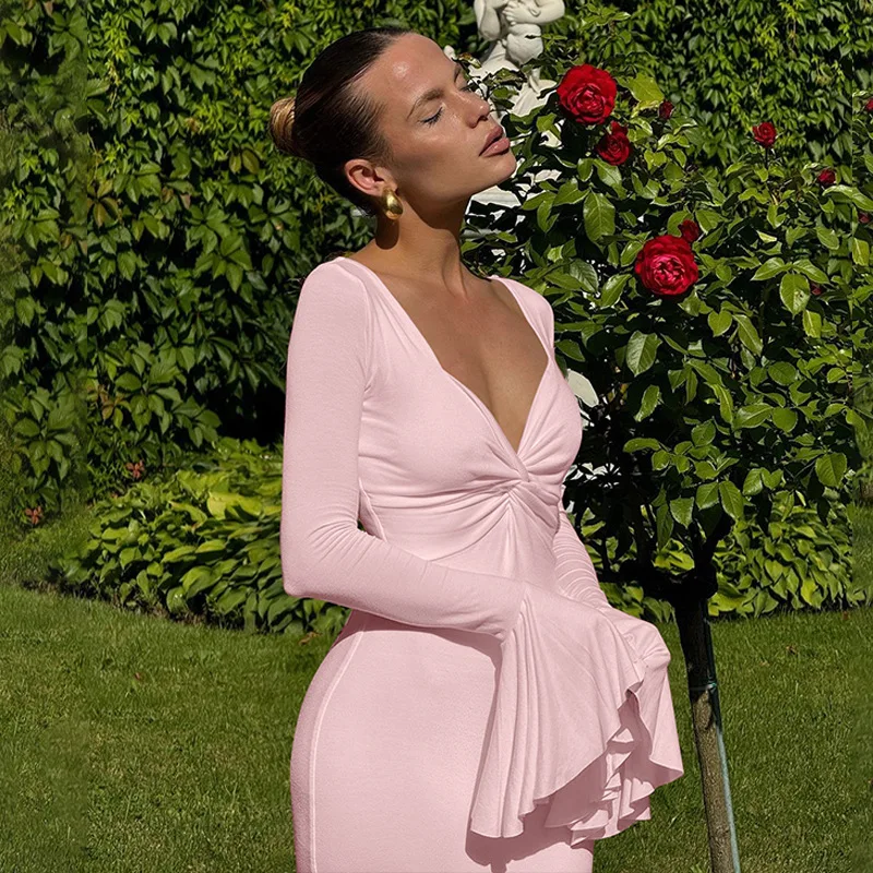 Vestido largo de otoño con volantes para mujer, elegante vestido de fiesta de retazos con cintura alta y manga larga para desplazamientos diarios, ropa femenina