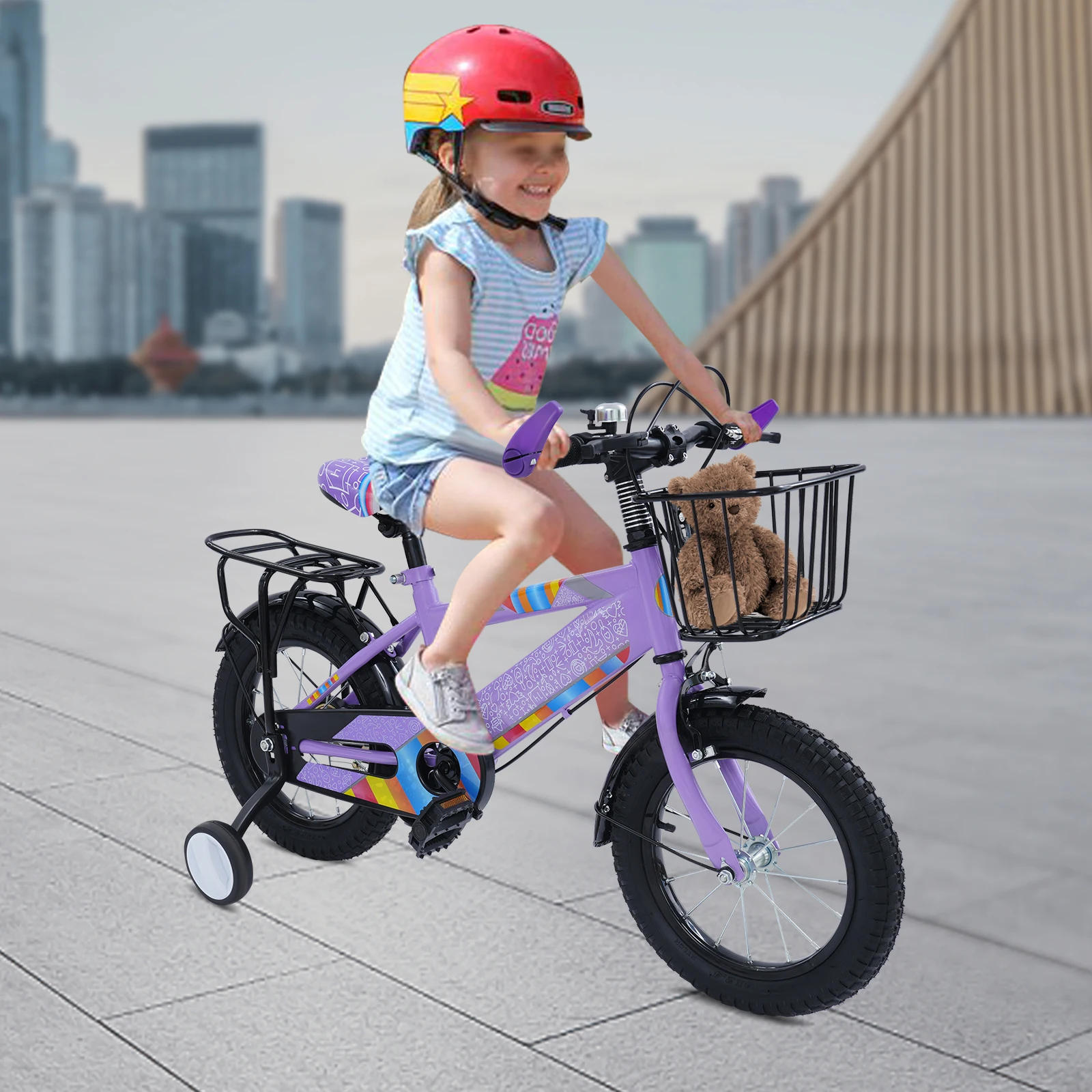 Siège de vélo réglable pour enfants de 14 pouces, charge de 50 kg avec roues d'entraînement + panier + siège arrière pour enfants de 3 à 6 ans (violet/rose) 1 Siège de vélo réglable pour enfants de 14 pouces, charge de 50 kg avec roues d'entraînement + panier + siège arrière pour enfants de 3 à 6 ans (violet/rose) 1