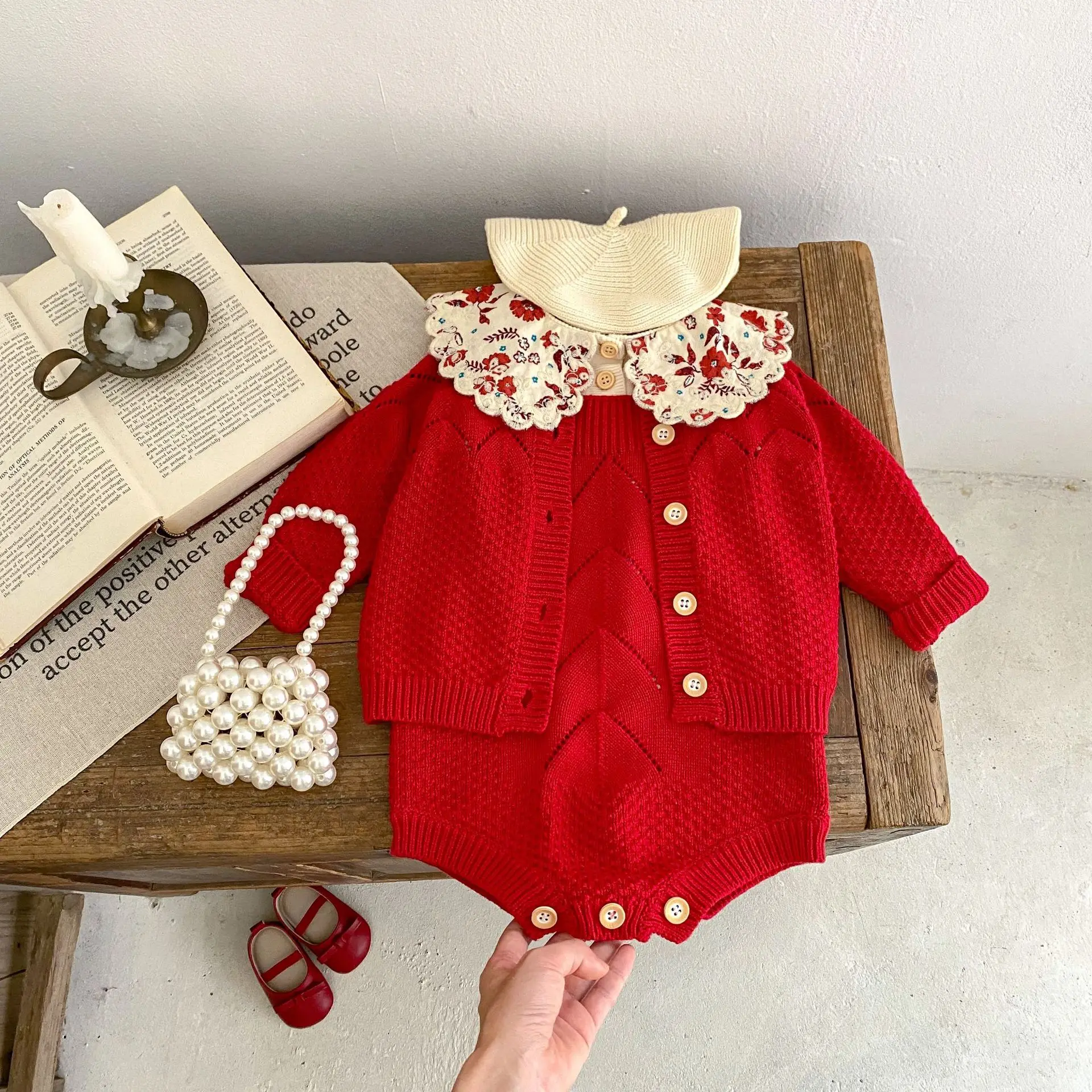 Baby Girls Sweater Spring Outfit Baby Girl Hollow Knit Jacket Solid Color Suspender Knit Sweater 2 Pieces