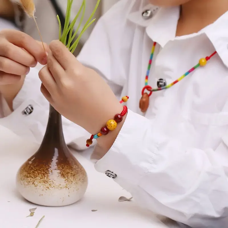 

Dragon Boat Festival Cinnabar Realgar Peach Wood Bracelet Baby Children Children Colorful Rope Diamond Knot Red Rope Female Male