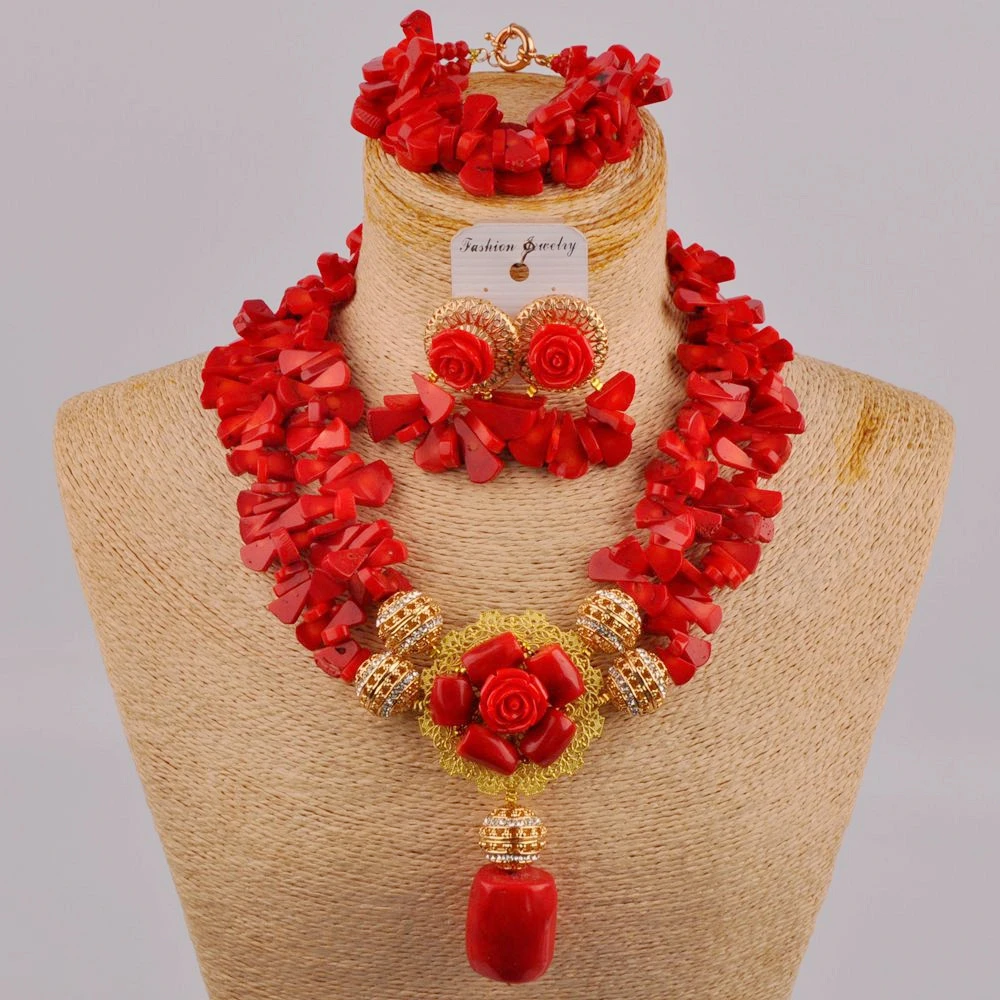 Red Coral Necklace Nigerian Wedding African Beads Jewelry Set