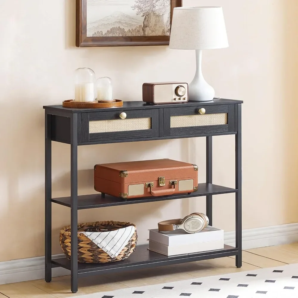 Rattan-Like Narrow Console Table with 2 Drawers, 31.5-Inch Sofa Table with Storage, for Hallway and Foyer 5