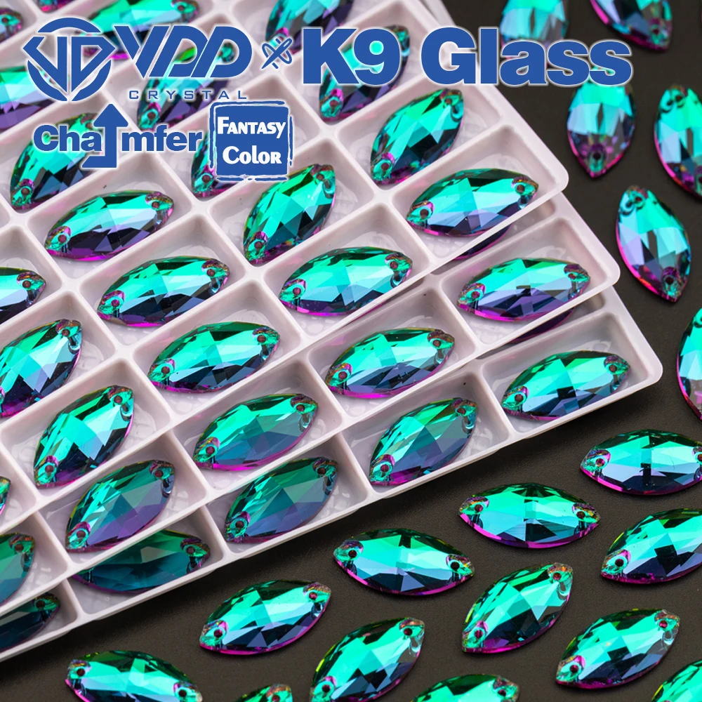 VDD Navette 헬리트로프 컬러 최고 품질 K9 유리, 의류 장 라인석 재봉 크리스탈 플랫백, 9x18mm, 36 개