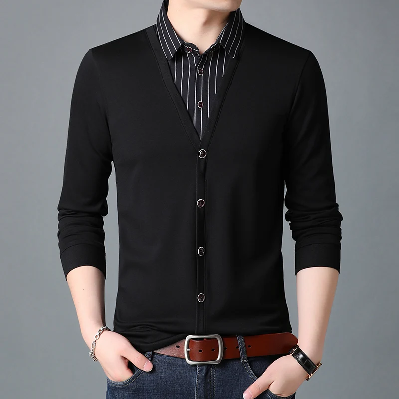 

TFETTERS New Fashion Patchwork Fake Two Designer Men T-Shirt Long Sleeve Striped Turn-down Collar Men Oversized T Shirt Clothes