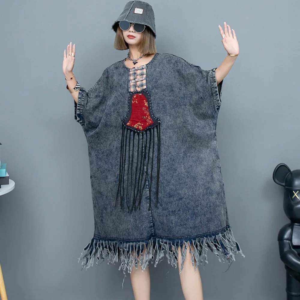

2024 Spring Summer New Heavy Industry Hand Embroidered Denim Dress Women Fashionable Loose Short Sleeve Dress LX761