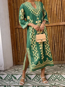 Elegant 3 4 Sleeve V-Neck Maxi Dress with Retro Print Perfect for Ramadan Arab Robe Caftan Gowns for Women 1