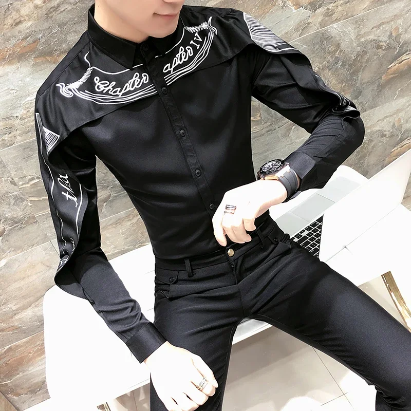 Fashion Shirt Men Shawl Print Slim Fit Mens Long Sleeve Tuxedo Shirts Black White Trendy Nightclub Prom Dress Shirt Male