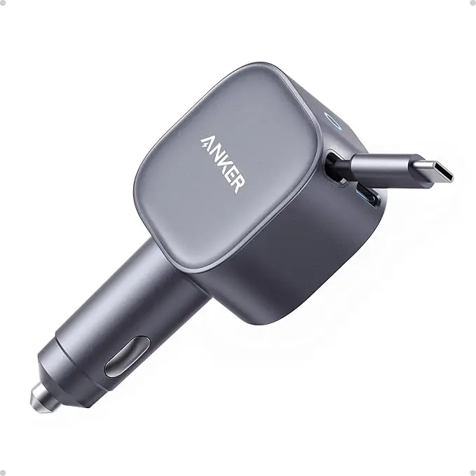 Anker Einziehbares USB-C Autoladegerät, 75W Max Schnellladung mit Integriertem Einziehbarem Kabel, Auto-Adapter, Auto-Zubehör