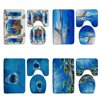 상어 열대어 욕실 러그 세트, 문어 촉수 바다 괴물 바다 바다 미끄럼 방지 목욕 매트, 카펫 변기 뚜껑 커버, 부드러운 도어매트