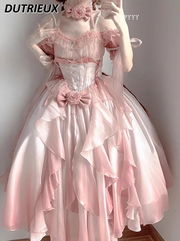 Pink Lolita High Waist Slimming Bow Sweet Girls Op Dress Heavy