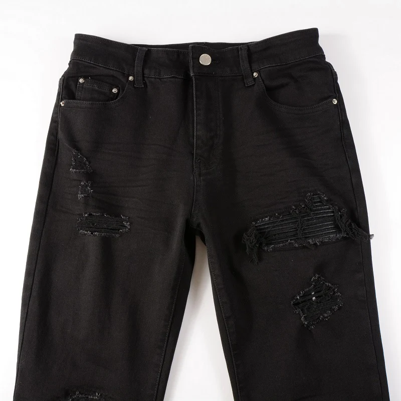 Men Leather Patch Biker Jeans for Motorcycle Streetwear Holes Ripped Patchwork Stretch Denim Pants Black Skinny Tapered Trousers 3