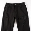 Men Leather Patch Biker Jeans for Motorcycle Streetwear Holes Ripped Patchwork Stretch Denim Pants Black Skinny Tapered Trousers 3