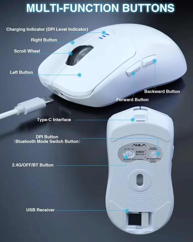 Gaming Mouse AULA SC580 BT/2.4G/Wired Tri-mode 10000 DPI PAW3325 Sensor Lightweight Esports Office Accessorie