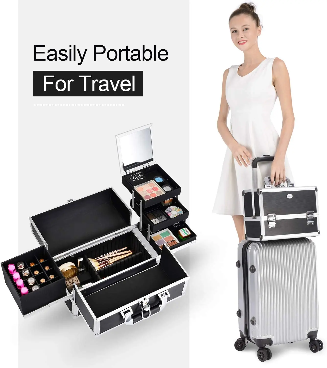 Portable Makeup Box Alloy Make up Train Case Manicure Polish