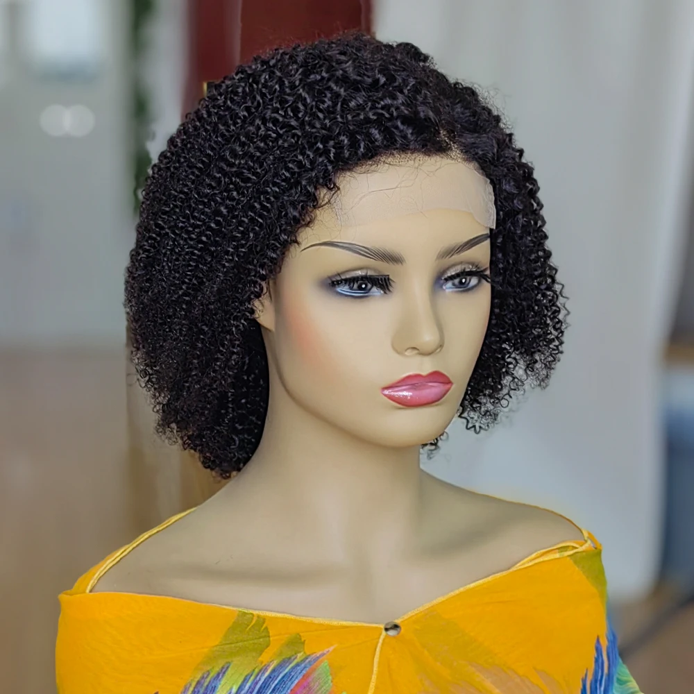 Parrucca in pizzo con chiusura 4x4 riccia Jerry 4C Kinky Edges, parte laterale, 100% capelli umani, pre-pizzicata, parrucca frontale in pizzo corto_voghion.com