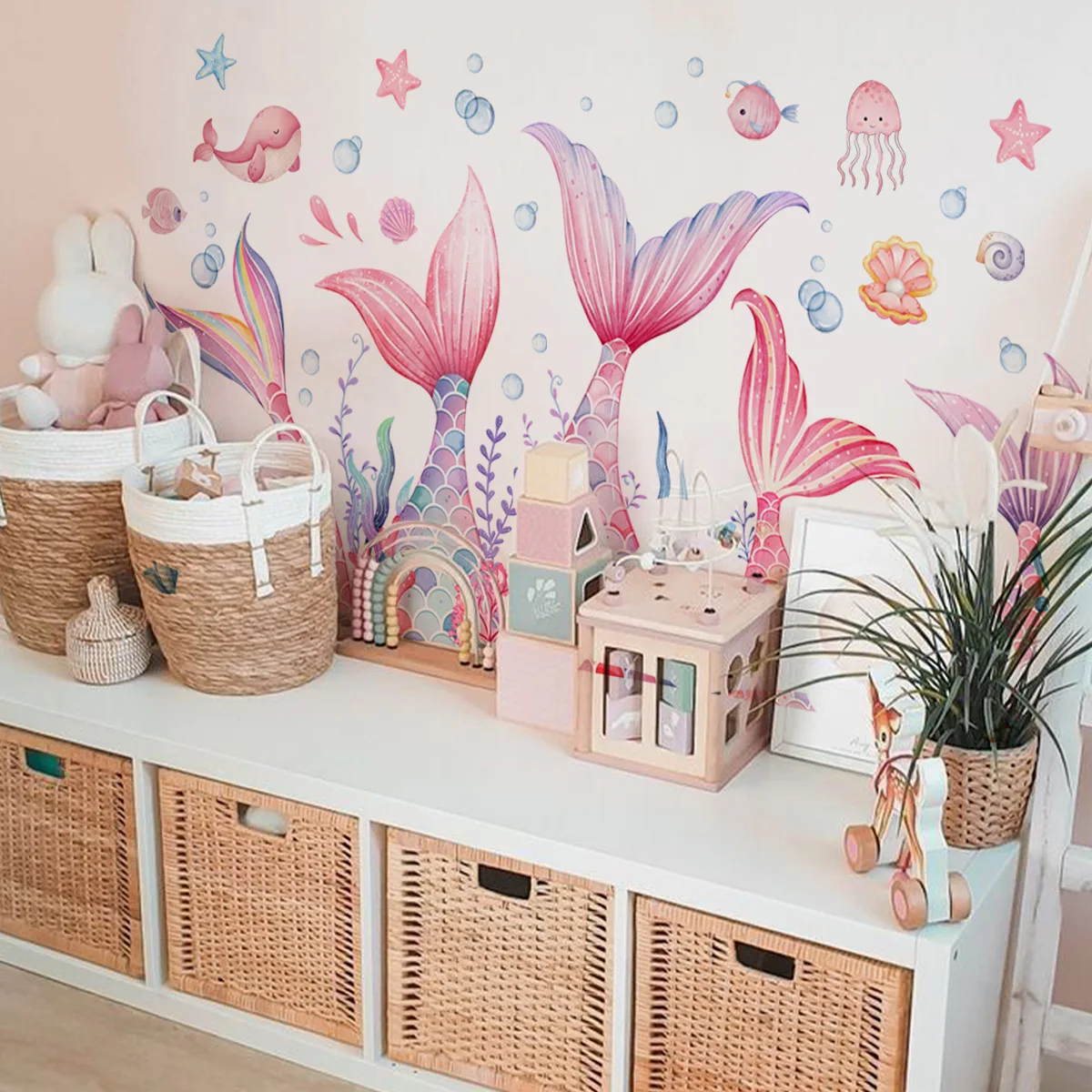Cartoon Cute Pink Mermaid Tail Wall Stickers Art Home Decorations Wall Decals for DIY Living Room Kids Bedroom Decor
