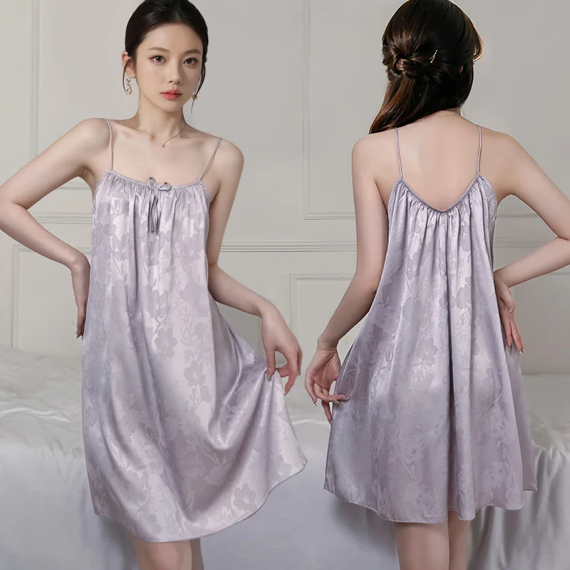 New Fashion Purple Silky Nightgown Women's Floral Print Chemise Spaghetti Strap A-Line Sleepwear Soft Comfortable Nightdress Hot