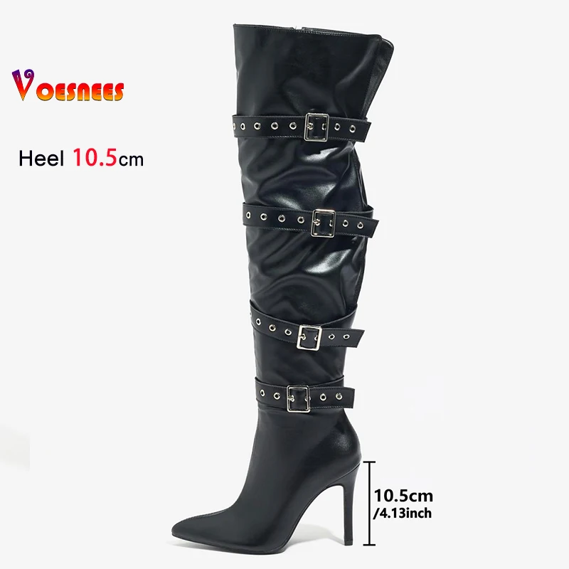 Fashion Belt Buckle Sexy Pointy Toe Over-the-knee Boots Women 10.5CM Stiletto Heels Black Thigh-high Nightclub Club knight Shoes