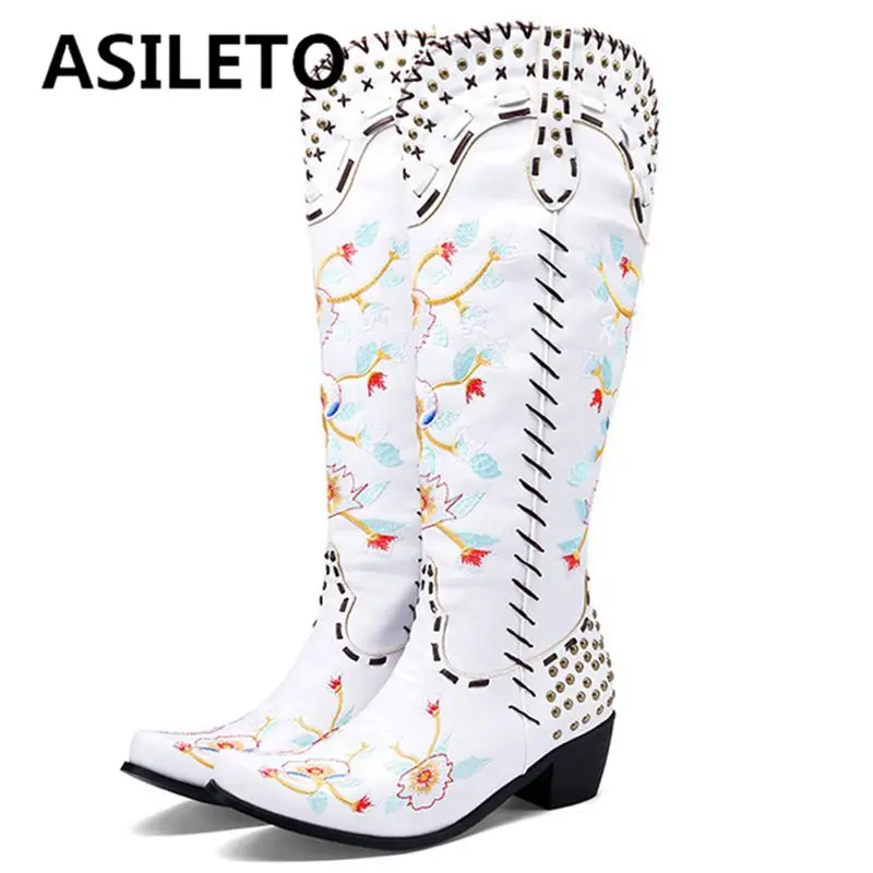 

ASILETO Woman's High Boots Round Toe Chunky Heels Embroidery Flowers Sewing Rivets Large Size 35-48 Black White Fashion S3708