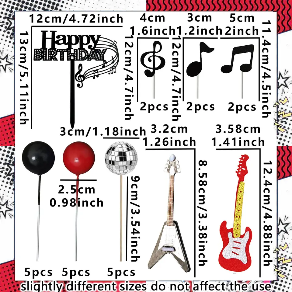 Rock Music Cake Topper Set - Guitar & Music Notes Decorations For Musician Birthday Parties