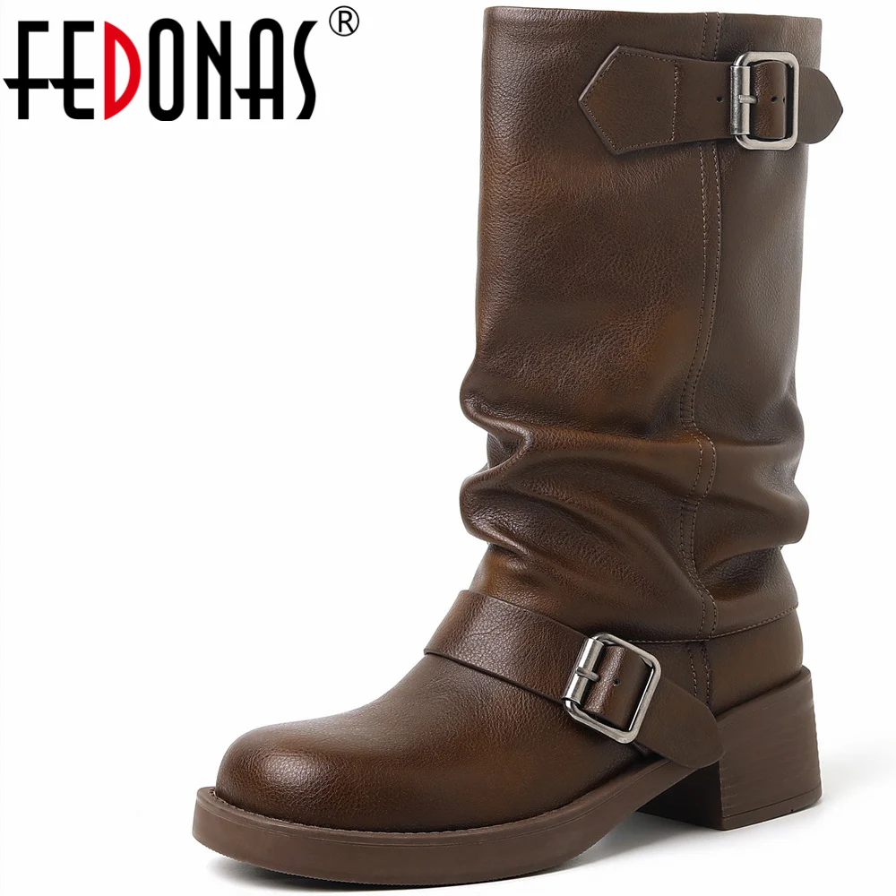 

FEDONAS Newest Popular Women Mid-Calf Boots Genuine Leather Quality Thick Heels Pleated Casual Office Shoes Woman Autumn Winter