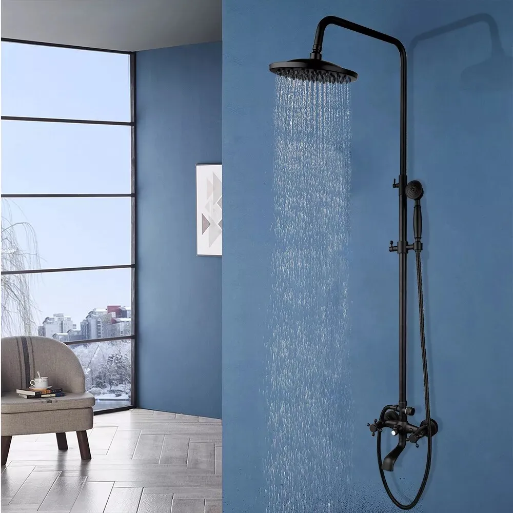 Black Brass 8"Bathroom Rainfall Shower Faucet Set Tub Wall Mount Handshower Mixer Taps Nhg126