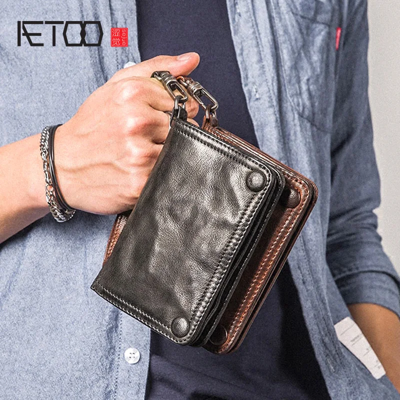 

AETOO Boys handmade wallet male section vertical paragraph retro sheepskin men leather multi functional soft skin Vintage wallet